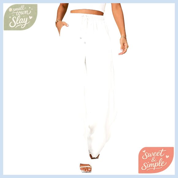 Pants - High Waisted Wide Leg Linen Pants Drawstring Palazzo Trousers Casual